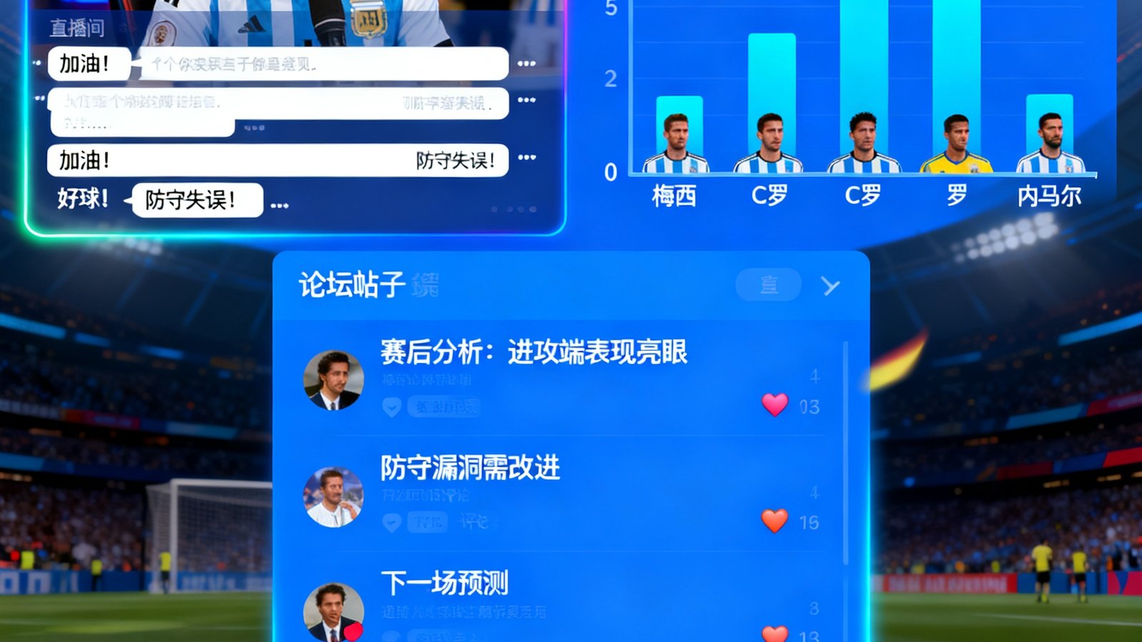 搜球吧球迷社区界面截图，展示比赛直播间聊天室实时滚动弹幕、赛后球员评分柱状图以及论坛帖子列表，界面活跃充满互动氛围
