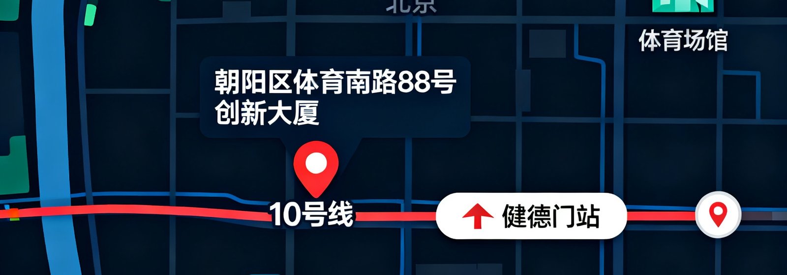 搜球吧北京总部地图位置示意，标注位于朝阳区体育南路88号创新大厦，靠近地铁10号线健德门站，周边有多个商业综合体和体育场馆